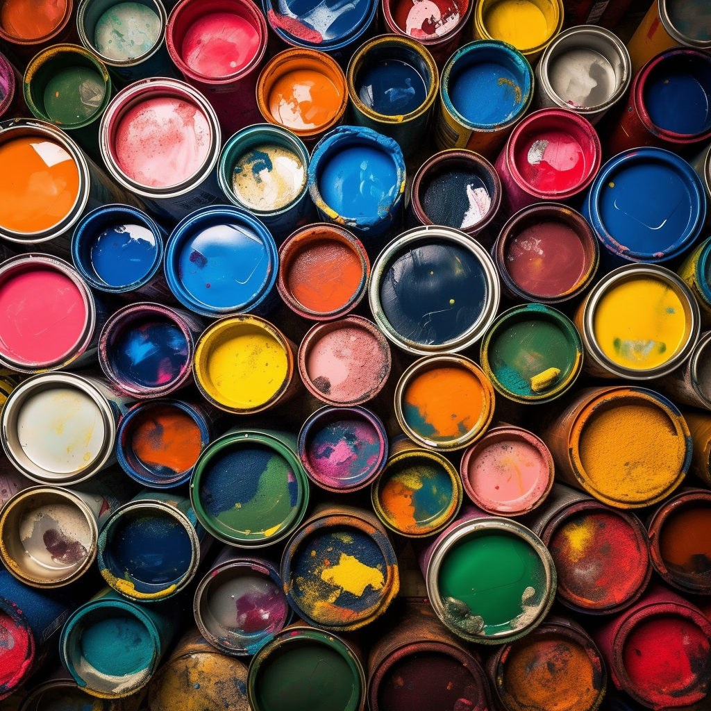 Overhead view of cans of paint that have the covers off so that you can see all of the vibrant colors.